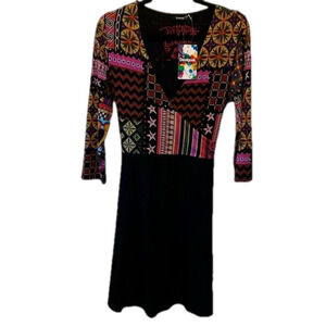 Desigual Women’s colourful 3/4 sleeve  crossover Midi Dress